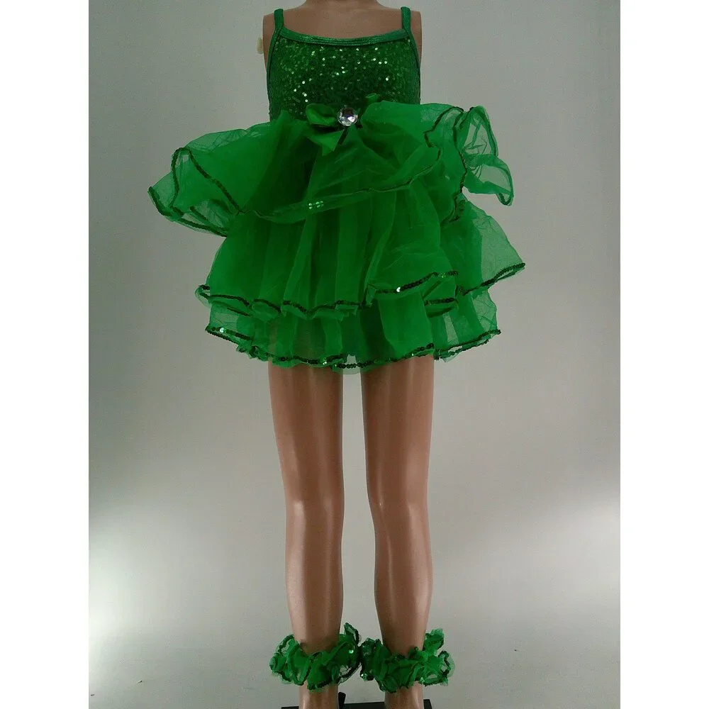 Pre-Owned Dance Costume AWCT H244 Small Child Green Dress Jazz Sequin Crocodile